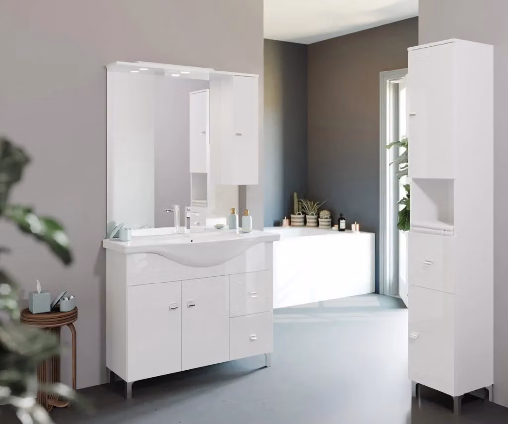 Mobile Colonna Bagno Savinidue Bianco Moderno con 2 Ante e 1 Cassetto L 31,5 cm x P 33,5 cm x H 198 cm – 2
