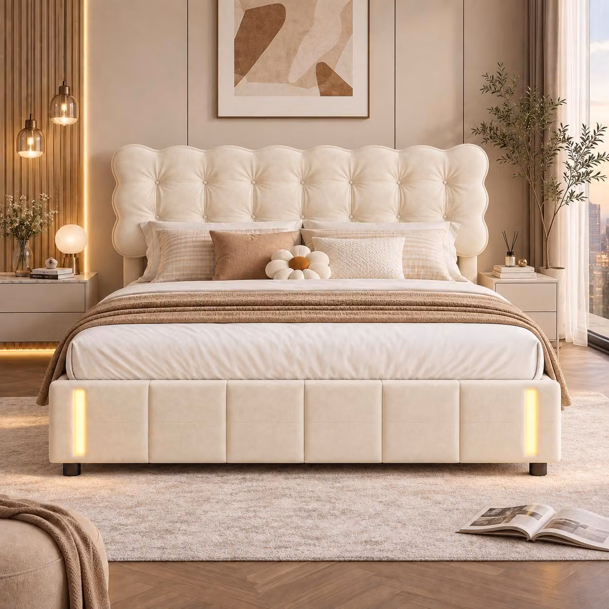Letto imbottito idraulico INONEFT, 140x200 cm, con spazio contenitore, letto per ragazzi con luce a induzione, struttura del letto con rete a doghe, tessuto velluto, colore beige