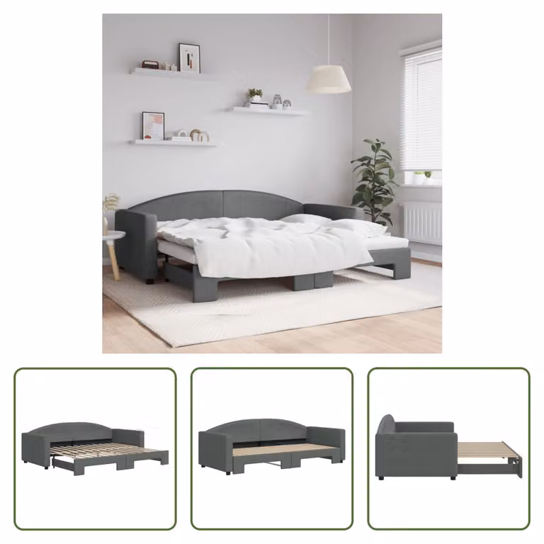 The Living Store letto da giorno allungabile grigio scuro 90x200 cm in tessuto