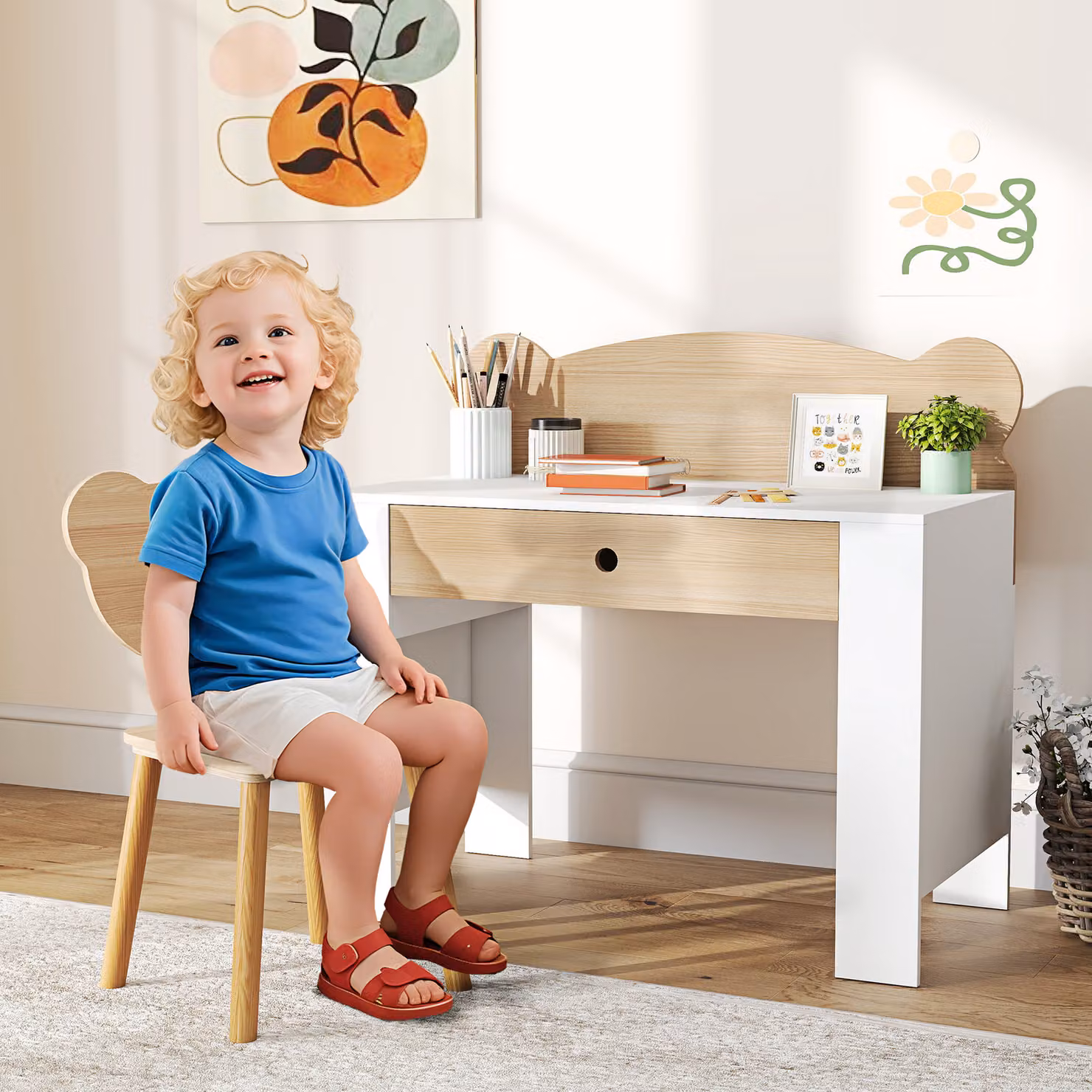 Set Scrivania e Sedia per Bambini AIYAPLAY in Legno con Cassetto e Schienale a Orsetto, Colore Bianco e Marrone – 2