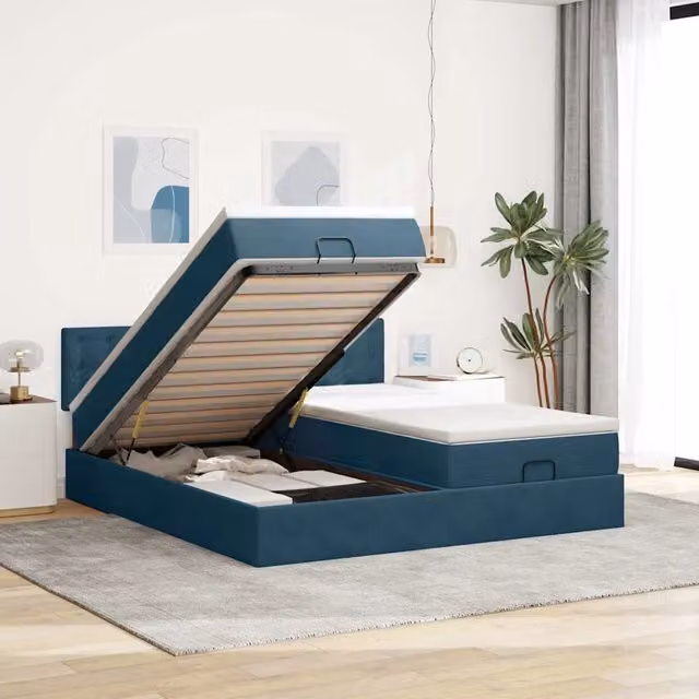 Pouf Letto con Materasso vidaXL in Velluto Blu e Bianco con LED e Porte USB L/P/H: 200 x 200 x 88 cm – 1