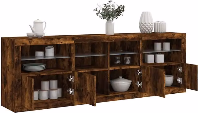 Credenza moderna vidaXL con luci LED integrate in rovere fumo, L: 202 cm, P: 37 cm, H: 67 cm