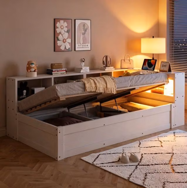 Letto multifunzione MODFU in MDF bianco con contenitore a sollevamento, luci LED e porta USB, dimensioni 90 x 200 cm