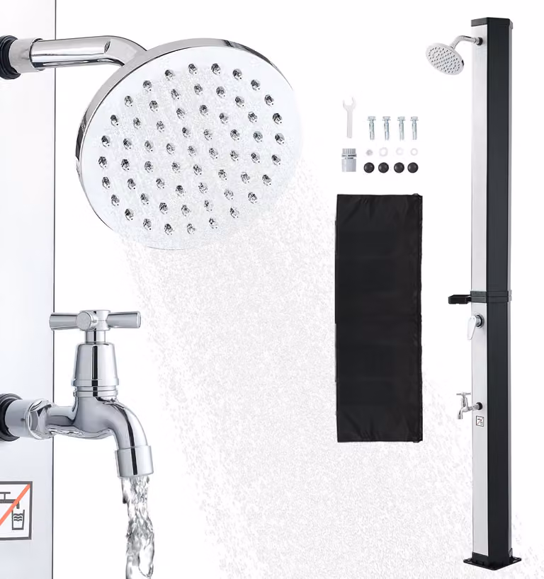 SucceBuy doccia solare 35 L, doccia da giardino 2160 mm, doccia da esterno con rubinetto e portasapone, funzione acqua calda e fredda regolabile, max. 60°C, doccia da campeggio per giardino, piscina, spiaggia, nero/argento