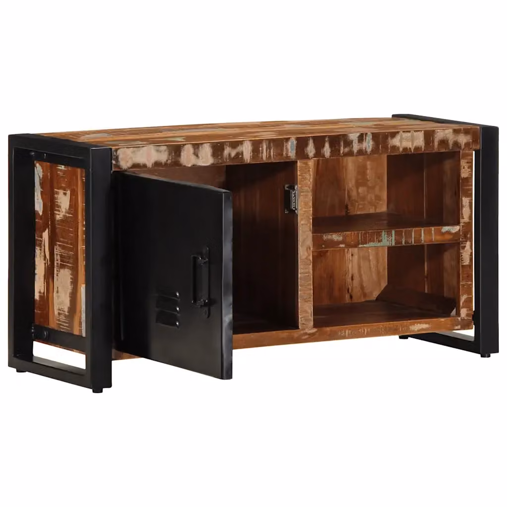 Mobile TV in legno massello di recupero e metallo in stile industrial, disponibile nei colori nero o marrone, L 80 cm x P 30 cm x H 40 cm – 2