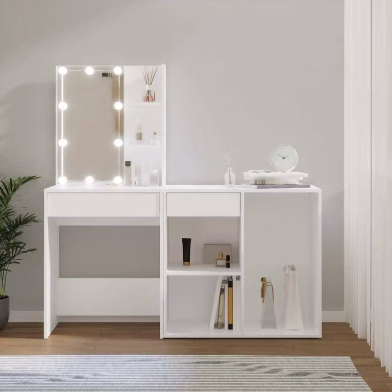 The Living Store Comodino a LED con mobile in legno bianco