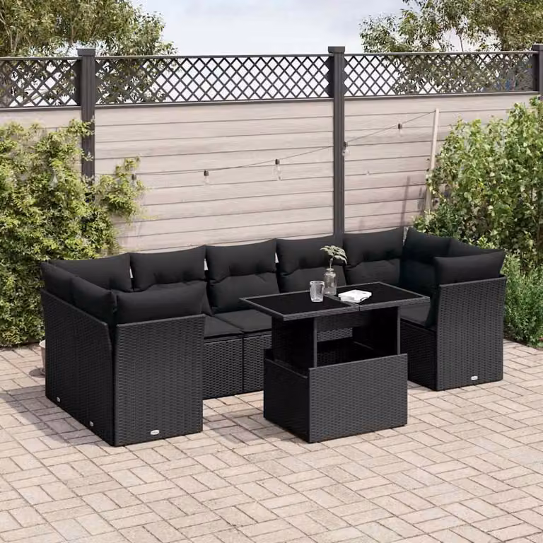 Set Divani da Giardino vidaXL a Forma di L con Cuscini e Tavolino Nero in Polyrattan e Acciaio