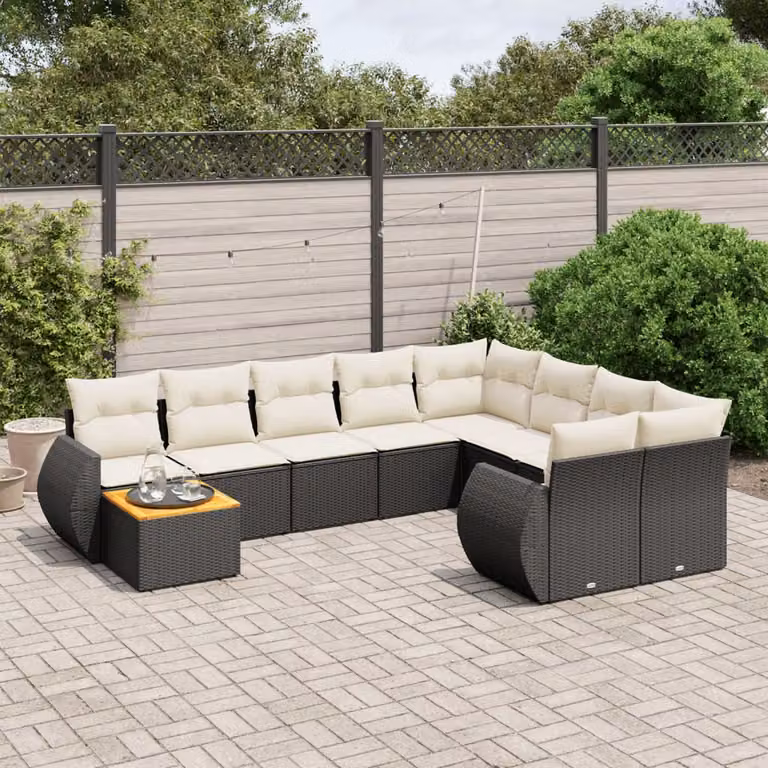 Set di divani da giardino vidaXL in polyrattan nero con cuscini e tavolino da esterno