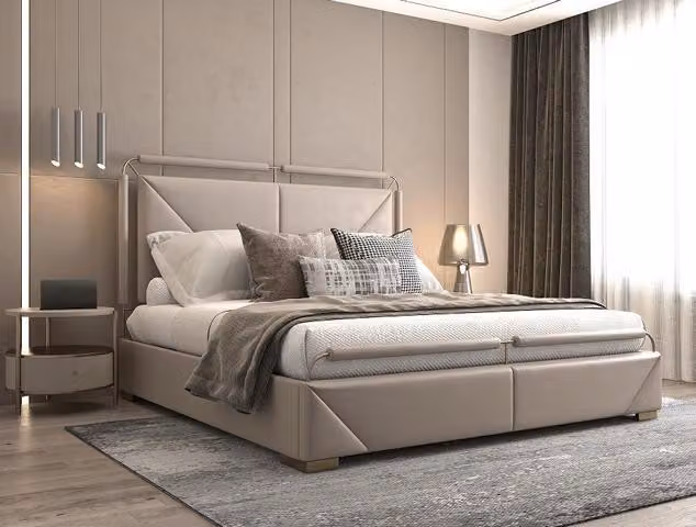 Luxus Bettgestell Modernes Design Beige mit Goldakzenten und Stilvollem Kopfteil