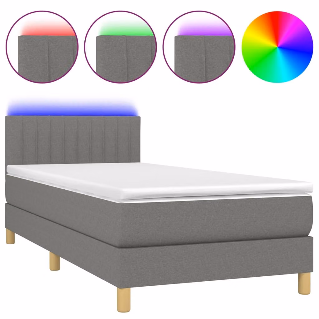 Letto a Molle Materasso e LED Grigio Scuro 80x200 cm in Tessuto
