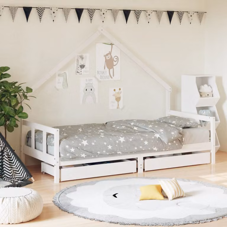 vidaXL Giroletto per Bambini in Legno di Pino Massello con Cassetti, Bianco, L/P/H: 190 x 90 x 160 cm