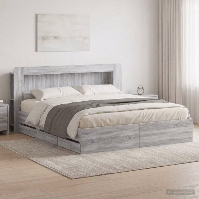 Struttura letto con contenitore e testata vidaXL in legno ingegnerizzato grigio L: 180 cm, P: 200 cm, H: 100 cm
