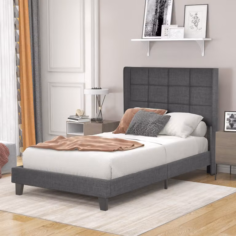 Letto imbottito Sweiko 140x200 cm letto matrimoniale con rete a doghe e testiera in legno, letto classico per camera da letto, grigio