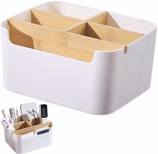 Organizzatore da scrivania in legno, 5 scomparti - Organizzatore per ufficio con rivestimento in legno - Portapenne removibile - Ideale per l'organizzazione di articoli di cancelleria - Design elegante - Perfetto per la casa e l'ufficio