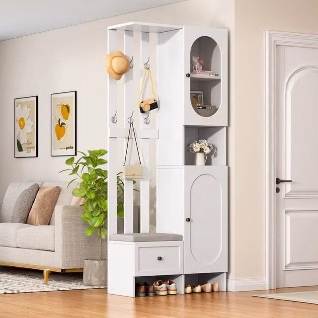 Armadio ingresso compatto 2 ante 85x33.5x200 cm - Xylo - con vetro temperato, panchina imbottita, bianco