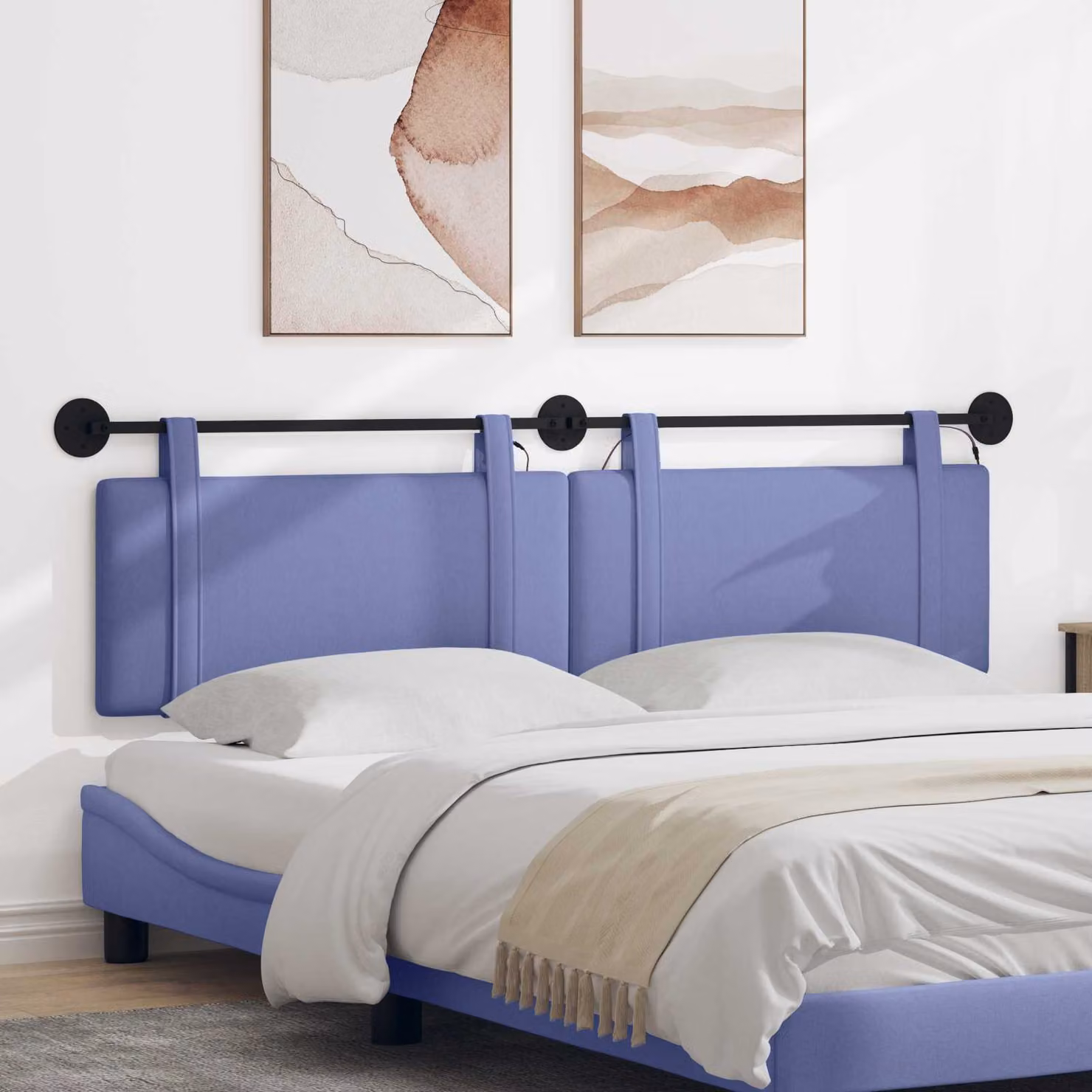 Testiera per letto sospesa vidaXL in tessuto blu con illuminazione integrata e pannello imbottito