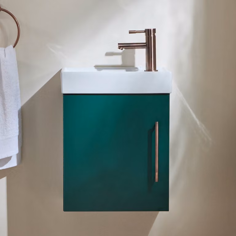 Mobile Bagno Verde Scuro Sospeso da 400mm con Lavabo e Maniglia con Barra a T in Bronzo Spazzolato - Cluo