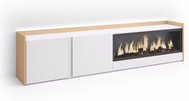 Mobile TV Soggiorno, 212x50x35 cm, Per TV fino a 80", Camino elettrico XXL, LED, Bianco e Rovere soft