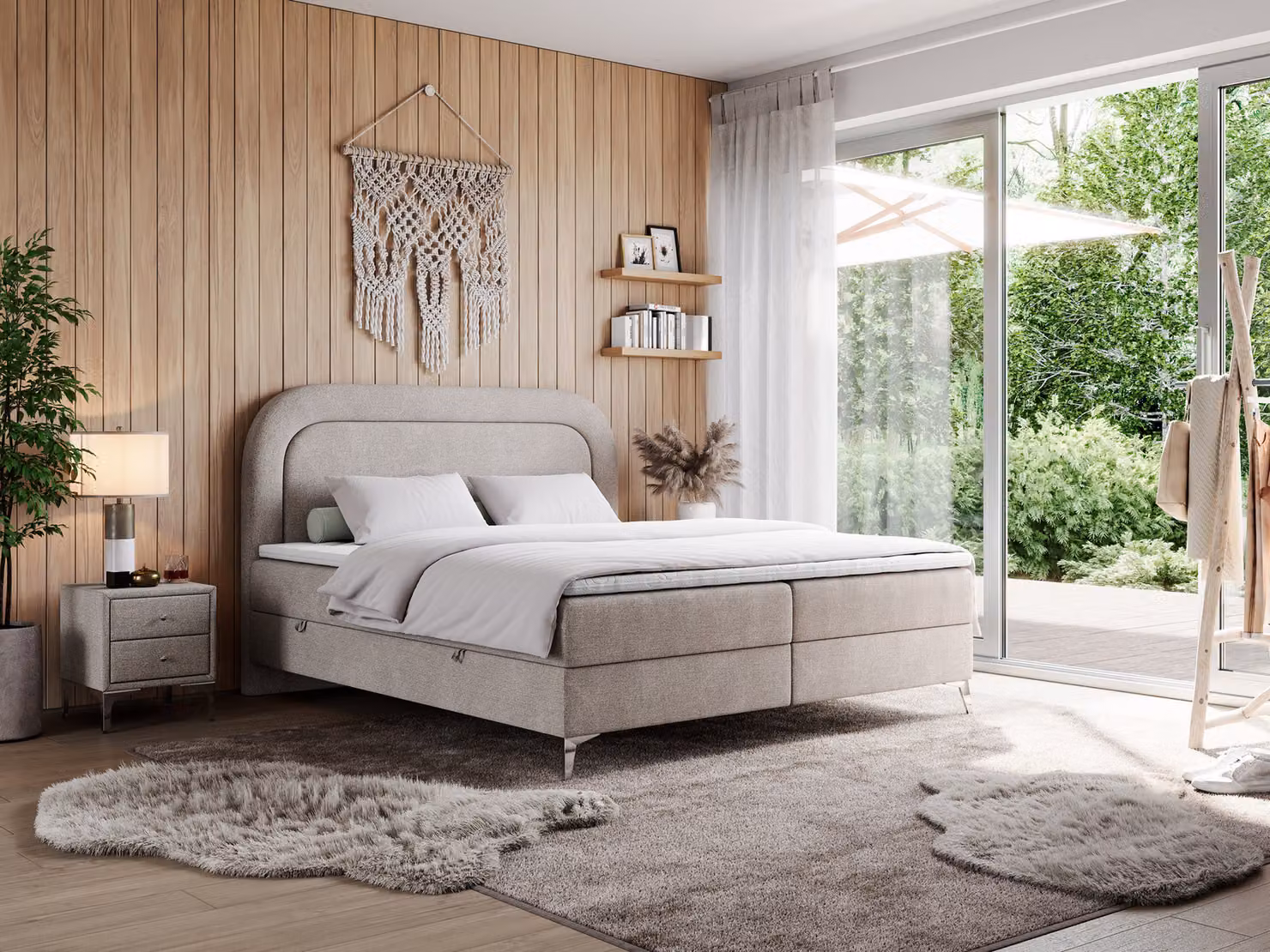 Letto matrimoniale, letto boxspring con materasso a molle insacchettate, per camera da letto - EIRA - 200x200 cm - Beige - H3
