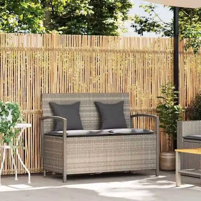 Panca portaoggetti da giardino vidaXL in polyrattan grigio con cuscini L: 110 cm, P: 56 cm, H: 87 cm