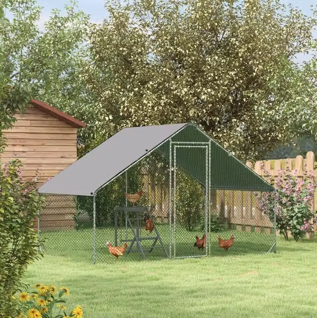 Recinto per Polli in Acciaio 300x200x200 cm con Porta e Copertura, Voliera per 4-6 Polli, Colore Argento