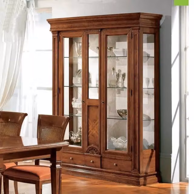 Vetrina classica con 2 porte in vetro e 3 cassetti con intarsio in legno Mobili 2G L: 161 cm, P: 50 cm, H: 216 cm – 4
