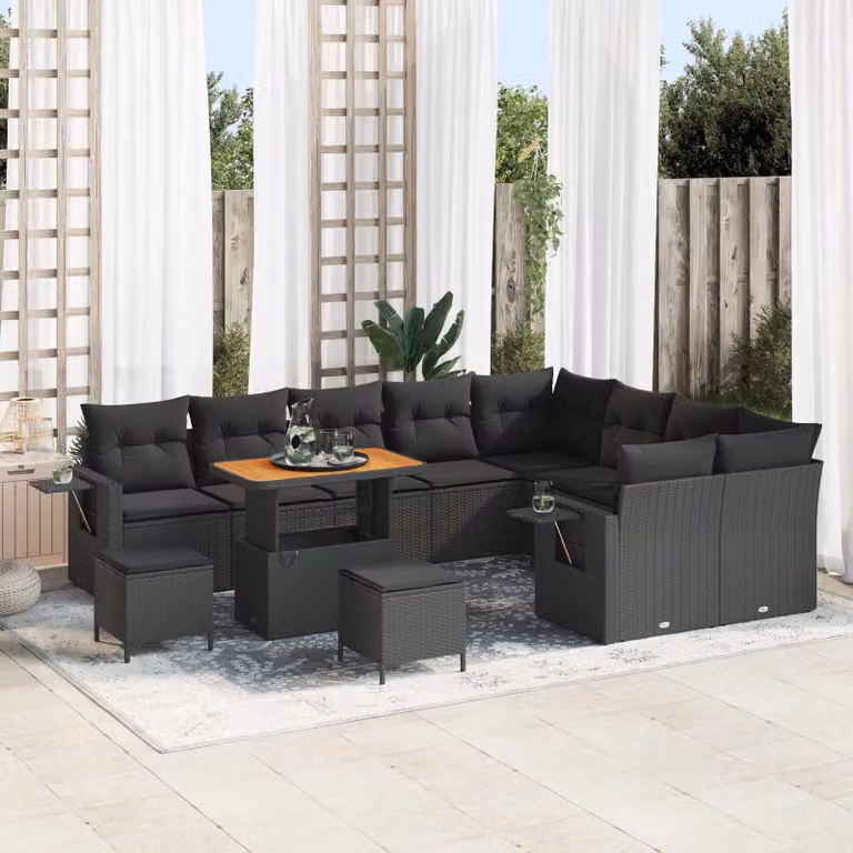 Set Divano da Giardino vidaXL 12 Pezzi Nero con Cuscini e Tavolino da Esterno in Polyrattan e Acciaio