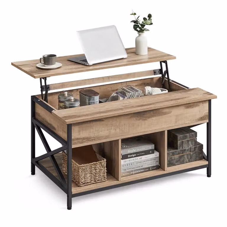 Tavolino da Caffè con Piano Sollevabile con Spazio Aperto e Nascosto, Marrone Cammello + Nero / 60 x 100 x (48-62) cm