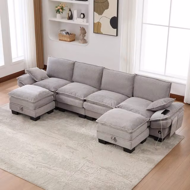 Divano modulare OKWISH a 4 posti in tessuto effetto corda grigio chiaro con 2 pouf e ricarica USB L/P/H: 330 x 132 x 84 cm