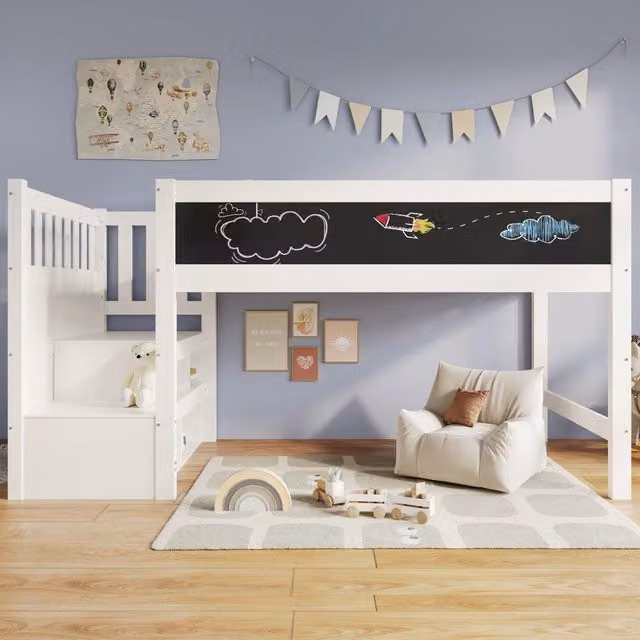 Letto a soppalco per bambini 90 x 200 cm bianco con lavagna; protezione anticaduta e scala reversibile