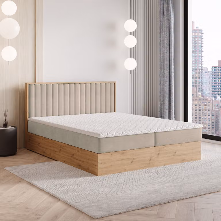 Letto a molle Masseno VARELI 160x200 cm completo di materasso e topper Bonell, letto imbottito con cassettiera -Beige, SORO 21