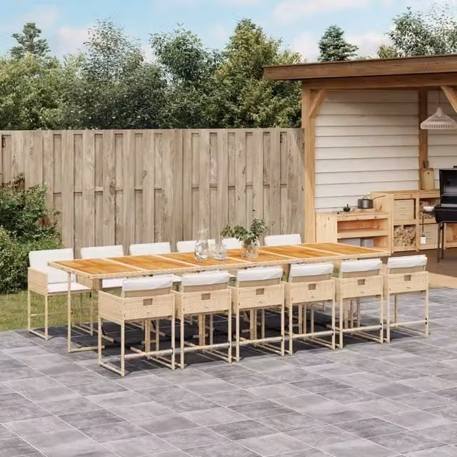 Set da pranzo da giardino vidaXL in polyrattan con cuscini beige e tavolo in legno di acacia 13 pz – 1