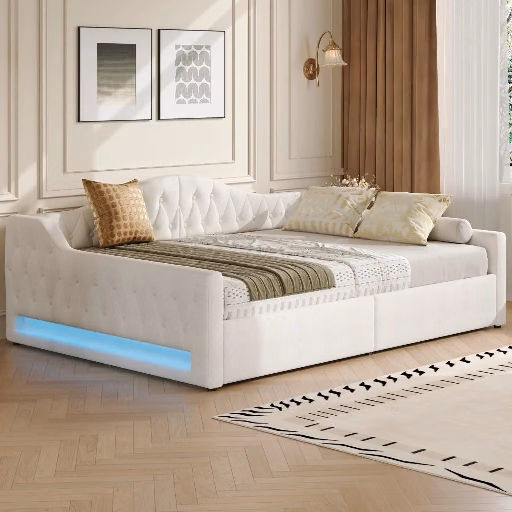 Letto divano matrimoniale OKWISH con contenitore e illuminazione LED beige L/P/H: 140 x 200 x 76,9 cm – 2