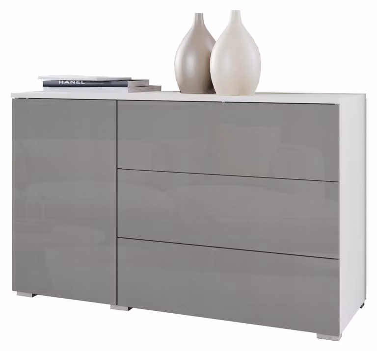 Comodino da 110 cm per camera da letto, con 3 cassetti e ripiano, finitura bianca/grigia lucida