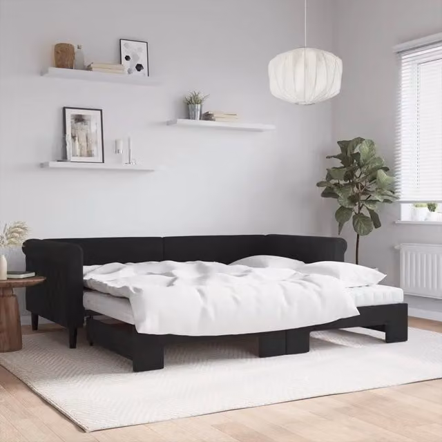 Divano Letto Estraibile vidaXL in Velluto Nero con Materasso in Schiuma L/P/H: 229 x 90 x 68 cm