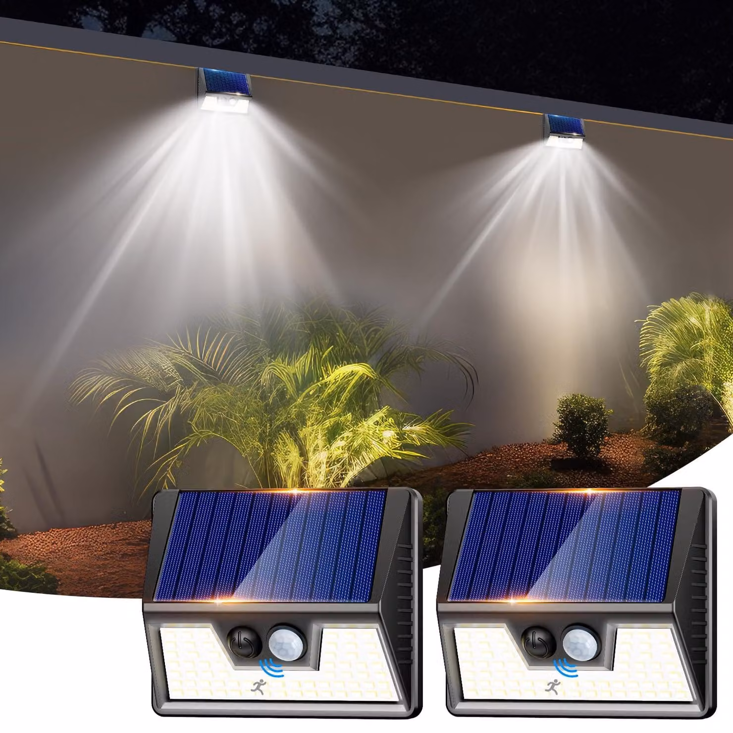 Lampade solari con sensore di movimento, 2 pezzi, 66 LED, 800 lumen, luce bianca fredda
