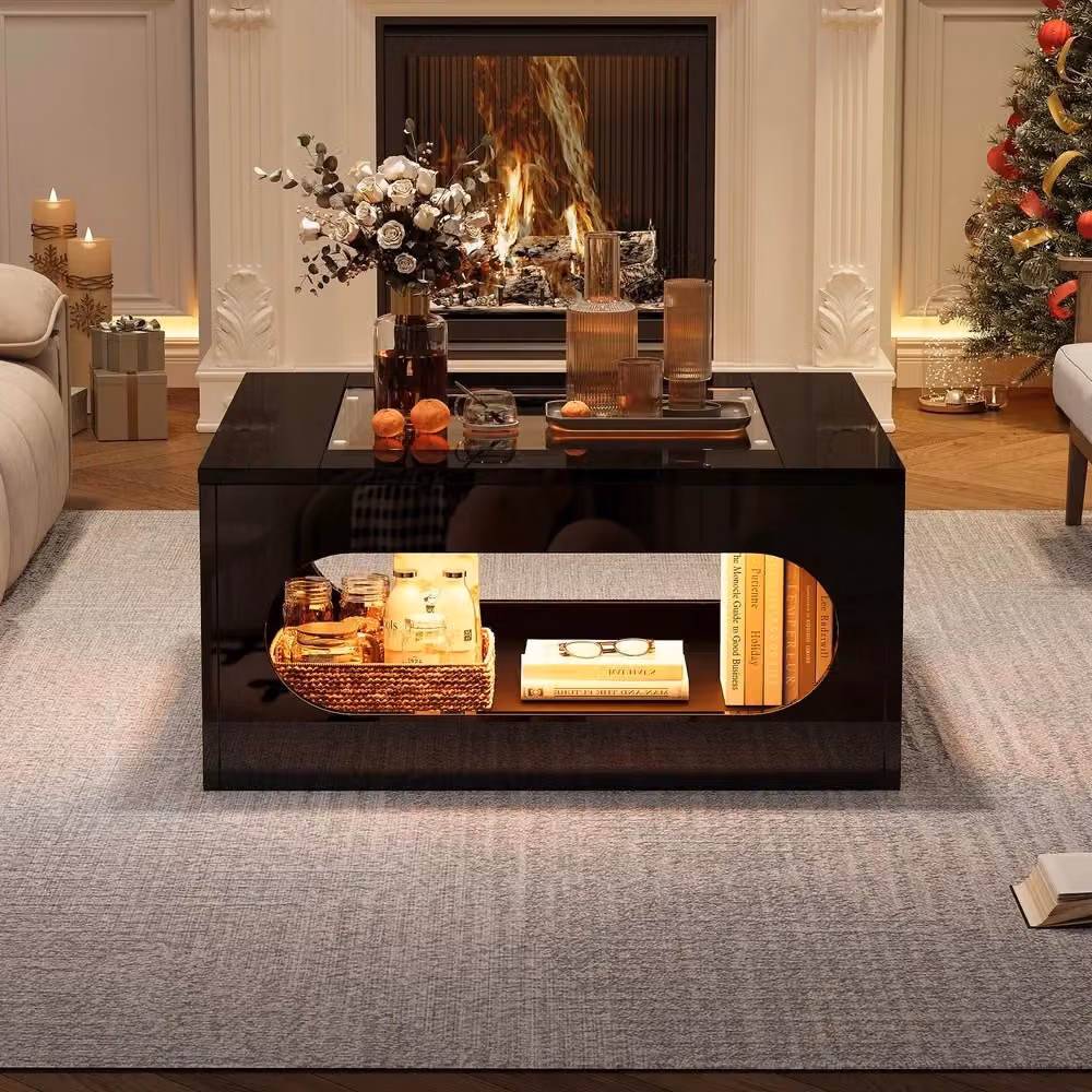 Tavolino da Salotto Quadrato Minimal con Piano in Vetro Temperato e LED Nero in MDF e Legno di Abete L/P/H: 70 x 70 x 35 cm – 2