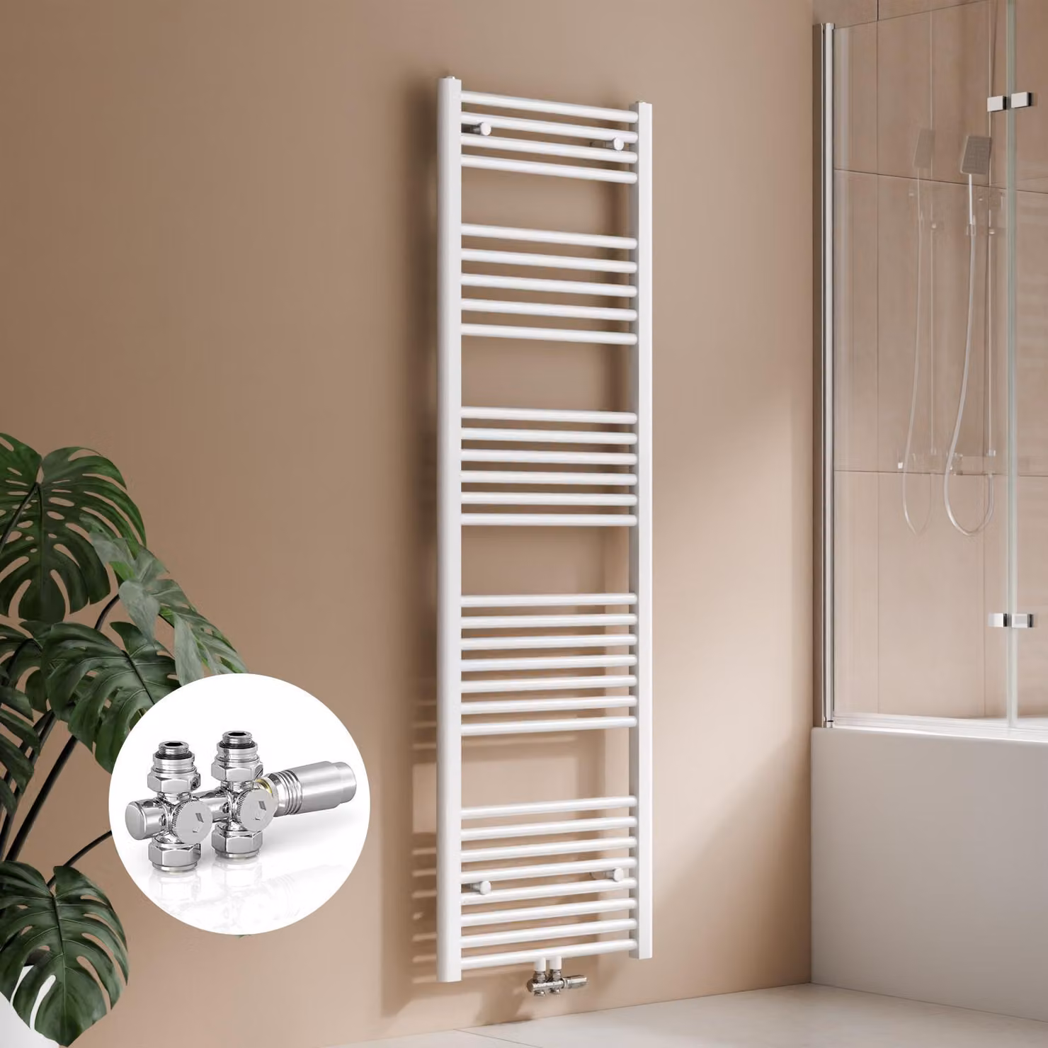 Radiatore da bagno 160 x 50 cm, 654 W, bianco, con kit valvola per collegamento centrale, design lineare, radiatore asciuga-asciugamani – S'AFIELINA