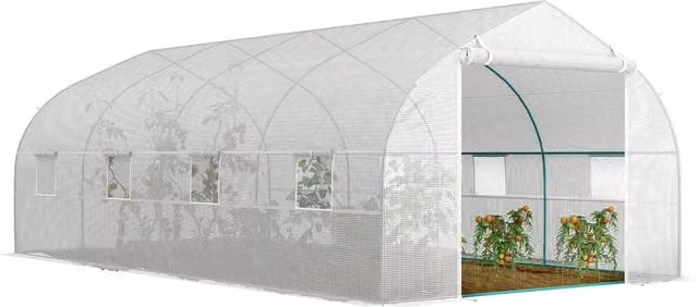 Serra da giardino Outsunny in acciaio e PP bianco con 8 finestre e porta avvolgibile, protezione anti-UV, L: 600 cm, P: 300 cm, H: 200 cm – 1