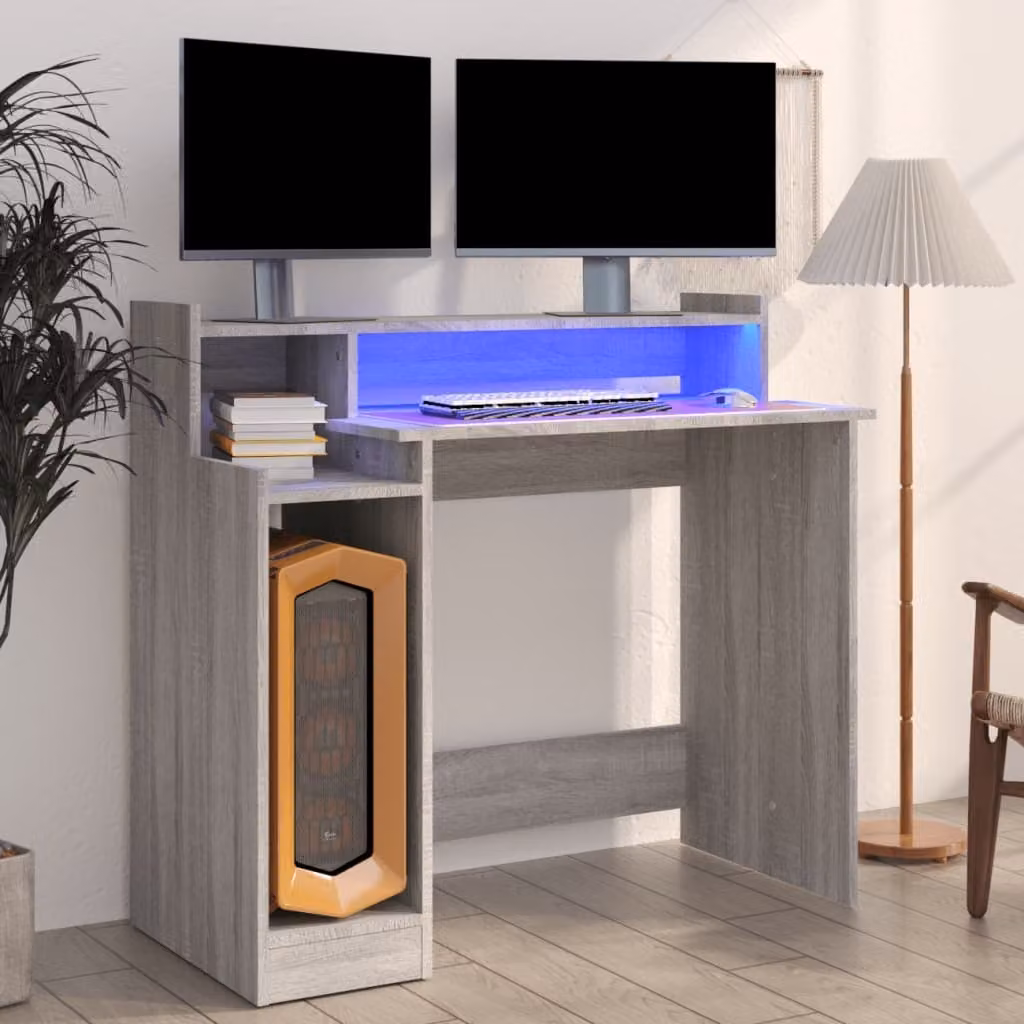 The Living Store Scrivania con LED Grigio Sonoma 97x45x90 cm Materiale in legno