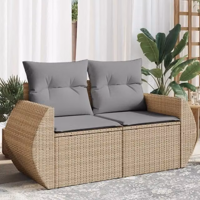 Divano da giardino a 2 posti vidaXL in polyrattan con cuscini beige e grigi e struttura in metallo – 1