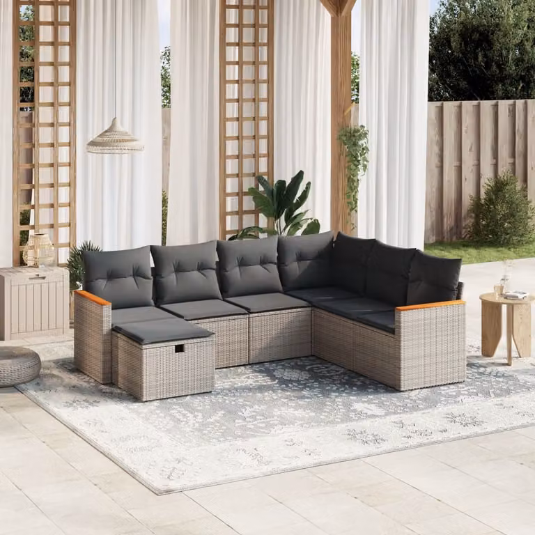 vidaXL Set Divani da Giardino 7 pz a Forma a L con Cuscini Grigio in Polyrattan e Acciaio