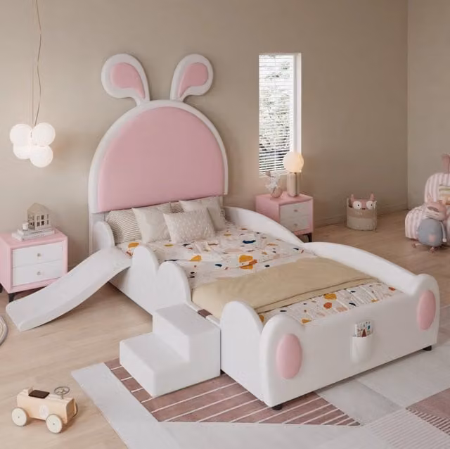 Letto imbottito per bambini con scivolo, scaletta e orecchie da coniglio, 90x200 cm
