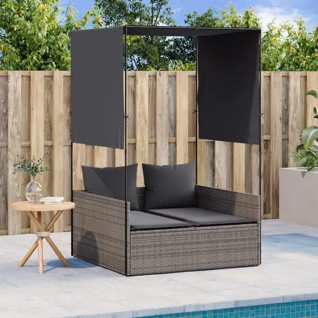 Lettino Prendisole Doppio con Tetto e Tende vidaXL in Polyrattan Grigio