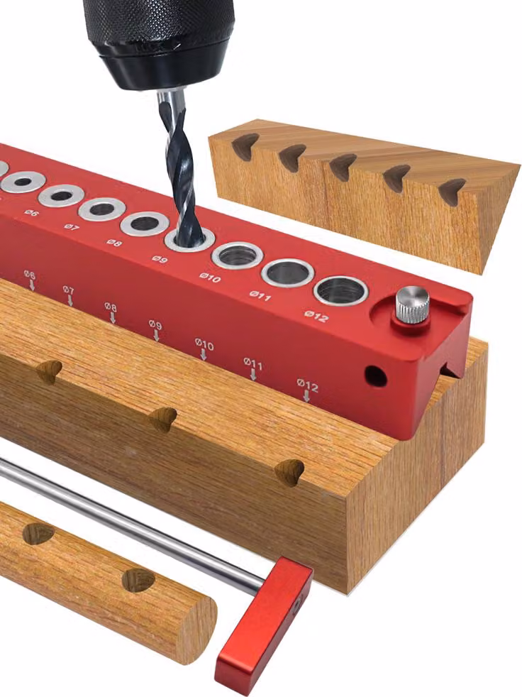 Guida di foratura per la lavorazione del legno, lega di alluminio, blocco di foratura a 45°, strumento di localizzazione dei fori punzonati con bussole da 3-12 mm per falegnami che lavorano con tavole di legno massiccio