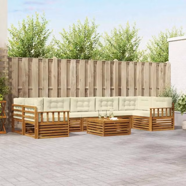 Set di divani da esterno vidaXL a forma di L con tavolo da caffè, 8 pezzi in legno di acacia con cuscini beige e bianchi – 1