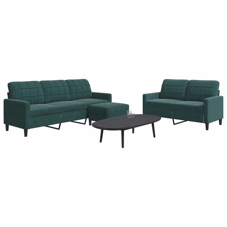 Set di Divani 3 Pezzi vidaXL in Velluto Verde con Pouf e Cuscini, Design Moderno con Struttura in Metallo