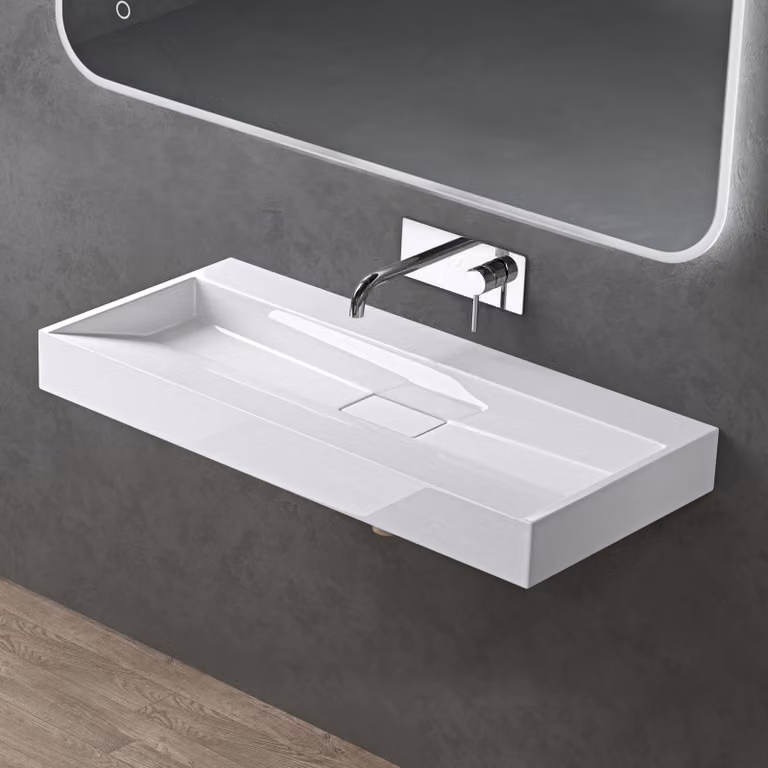 doporro Lavabo da Appoggio Bagno Sospeso Lavandino Rettangolare in Marmoresina con Piletta di Scarico Inclusa Colossum19, 100x46x11 cm Bianco Lucido Senza Foro per Rubinetto