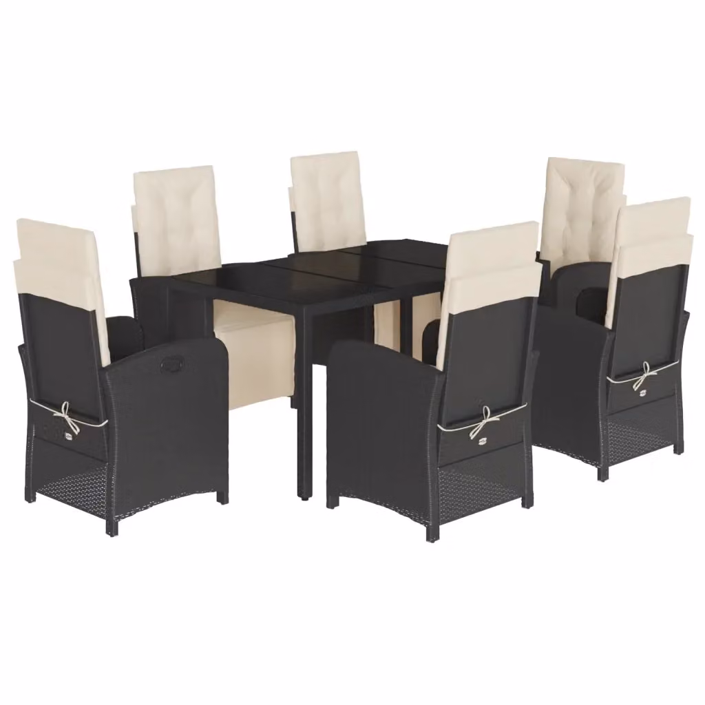 Set da Pranzo da Giardino vidaXL 7 pz in Polyrattan Nero con Cuscini e Tavolo in Vetro – 2