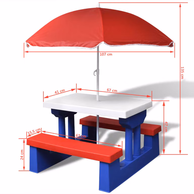 The Living Store Tavolo da picnic per bambini con panche e ombrellone multicolore